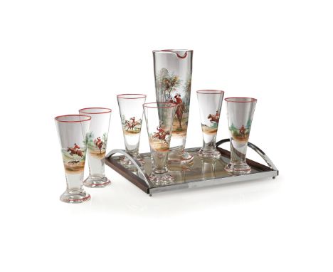 ART DECO ENAMELLED GLASS LEMONADE SET, OF HUNTING INTEREST CIRCA 1930 to include a tankard pitcher and six footed glasses, pr