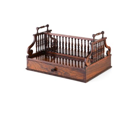 Y REGENCY ROSEWOOD BOOK TRAY 19TH CENTURY the rectangular top with baluster column galleried H-shaped superstructure, with ca