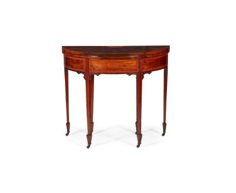 EDWARDIAN MAHOGANY AND SATINWOOD DEMI-LUNE CARD TABLE EARLY 20TH CENTURY the fold-over top with segmented veneers, opening on