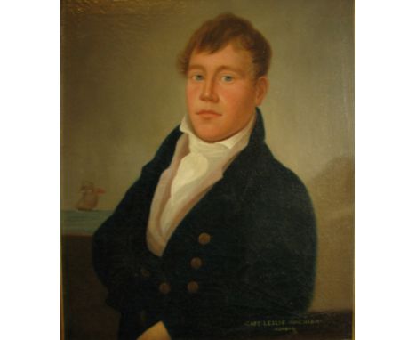 19TH CENTURY SCOTTISH SCHOOL HALF LENGTH PORTRAIT OF CAPTAIN LESLIE RUNCIMAN Inscribed ' Dunbar' oil on canvass(63.5cm x 51cm