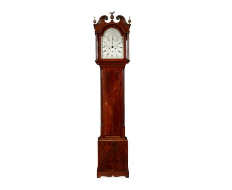 SCOTTISH GEORGE III MAHOGANY AND LINE INLAID LONGCASE CLOCK, BY JOHN ROBERTSON, EDINBURGH EARLY the hood with a swan pediment