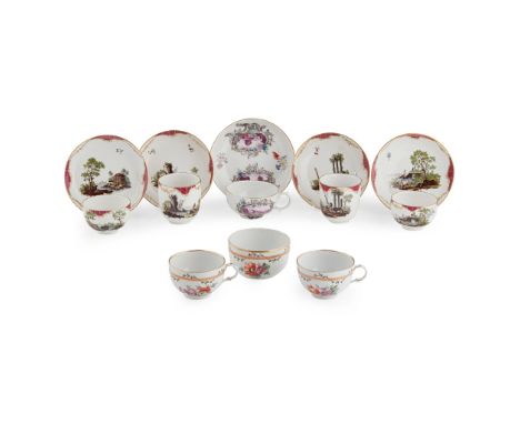 COLLECTION OF CONTINENTAL TEAWARE LATE 18TH CENTURY comprising four Höchst cups and saucers, painted with waterside scenes wi