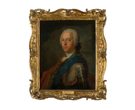 AFTER MAURICE CANTON DE LA TOURS BUST LENGTH PORTRAIT OF THE CHEVALIER Oil on canvas in finely carved gilt wood swept frame(6