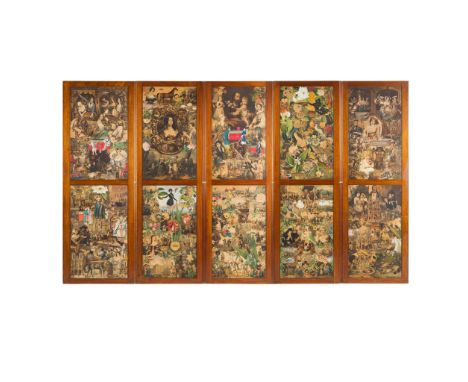 MAHOGANY FRAMED SIX-FOLD SCRAPWORK SCREEN MID 19TH CENTURY each panel with various coloured printed scenes of historical figu