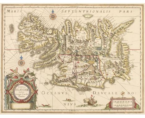 Iceland. Jansson (Jan), Tabula Islandiae Auctore Georgio Carolo Flandro, circa 1650, engraved map with contemporary hand-colo