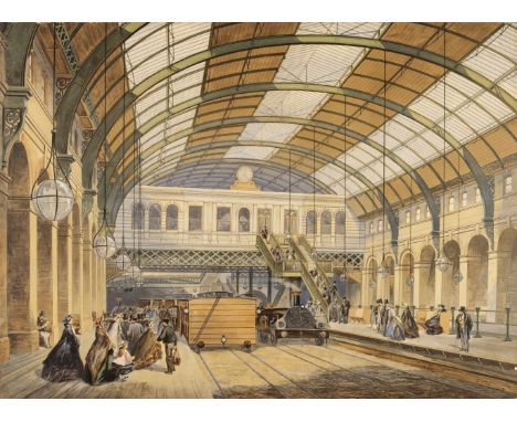 * Railways. Kell Brother (publishers), Interior of a Railway Station, circa 1840, large chromolithograph of the interior of a