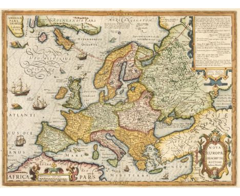 Europe. Hondius (Jodocus), Nova Europae Descriptio Auctore, Amsterdam [1619 - 28], hand-coloured engraved map, strapwork cart