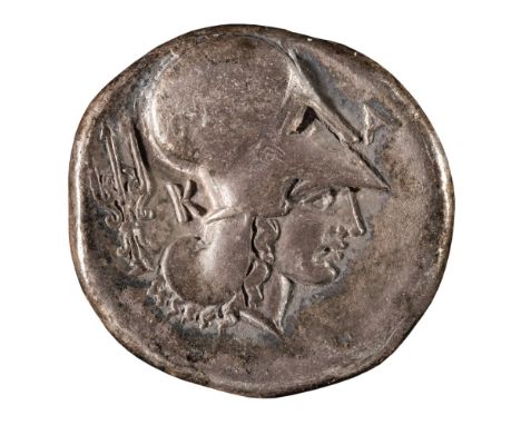 * Ancient Greece. Corinth, AR Stater, 5th-4th Century B.C. Obv: Helmeted head of Athena right, K and trident (tríaina) behind