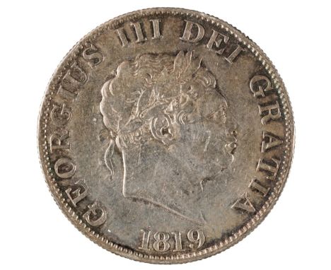 * Great Britain. Halfcrown, 1819, Shillings, 1696, 1709, 1745 (roses in angles), Pattern silver Farthing by Rottier, 1665, Si