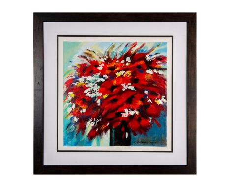 Impressionist style lithograph print on wove paper depicting a vase bursting with vibrant red poppies and sprays of tiny whit