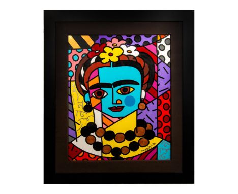 Outstanding acrylic and ink painting on board by Neo-Pop artist Romero Britto. This large portrait is a homage to Mexican Sur