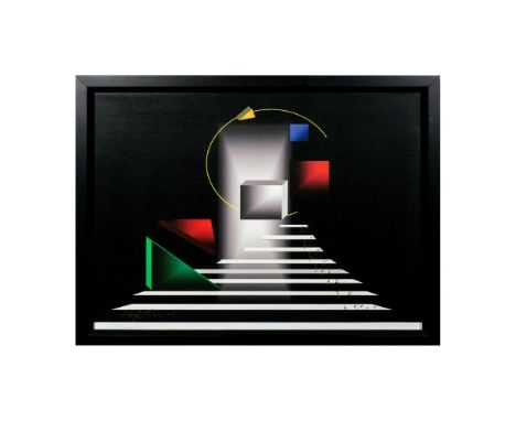 Abstract expressionist print on canvas depicting arranged three-dimensional shapes, a yellow line semi-circle, and white stri