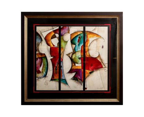 Large triptych print depicting an abstract geometric design with intersecting lines and bold colors. Illegible artist signatu