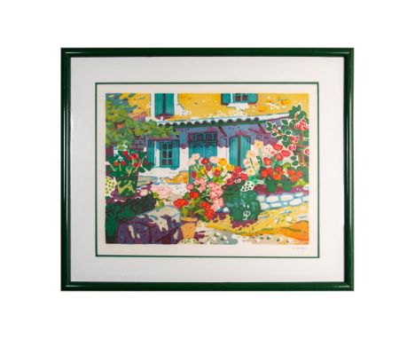 Framed print of a colorful fauvist-style street scene overflowing with flowers. Signed in pencil by artist in lower right cor