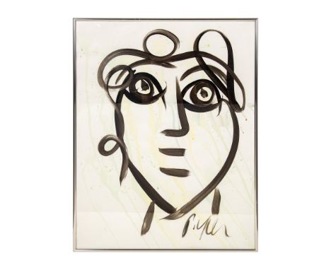 Black &amp; white Abstract Expressionist portrait made with wide brushstrokes on a paper base that includes drips and washes 