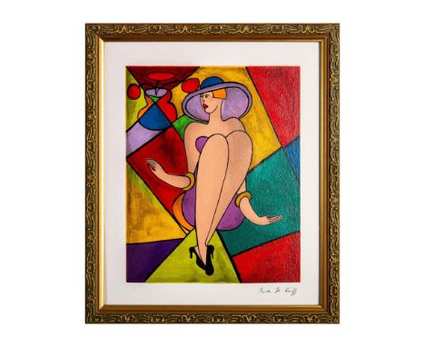 Serigraph on wove paper showing an abstracted female figure in a purple hat and dress over a colorful geometric background. S