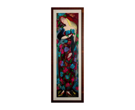 Vertically composed abstract figurative painting of a beautiful blonde woman in a floral dress. Signed by artist above figure