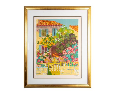 Vibrant fauvist style print on paper showing the face of a French home overlaid with blossoming trees. Signed in pencil in lo