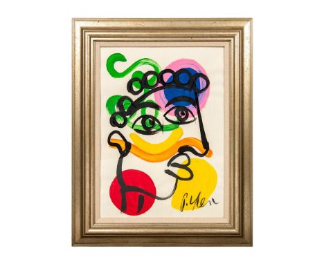 Abstract Expressionist artist Peter Keil painted this portrait with continuous black lines that are set on bold colors of dee