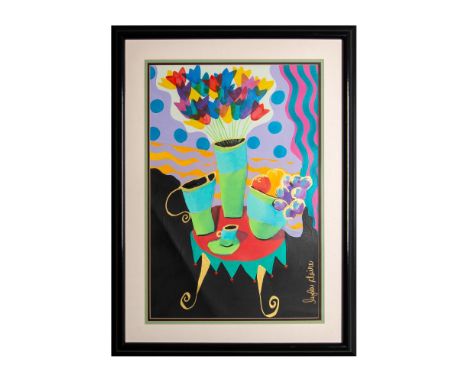 Mixed media painting portraying an abstracted vase of flowers, fruit, jug, and a cup. Signed vertically on right border by ar