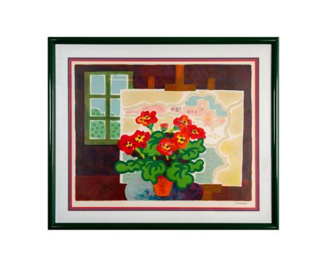 Fauvist and Modernist Guy Charon used bold colors to create this vibrant lithograph on paper entitled Red Flowers with Painti