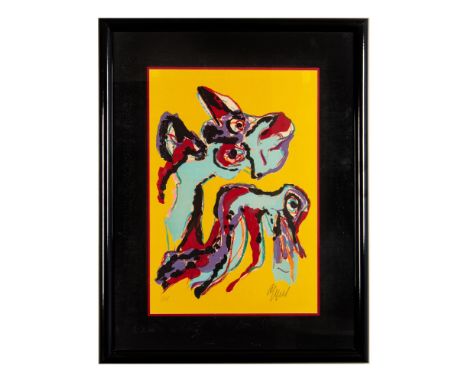 Outstanding color lithograph on wove paper by Northern European COBRA group co-founder Karel Appel. This semi-abstraction ent