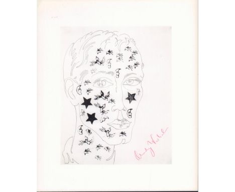 Hand signed single leaf book plate of an unidentified male with decorative stamps on his face from the original 1950s' artwor