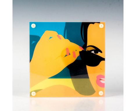 A modern acrylic table lamp featuring a woman wearing sunglasses. This item has its original box: 9.25"L x 9"W x 4.25"H. Issu