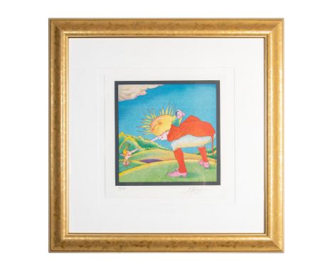 Title: Face a Face Carnavalesque. Figurative print depicting a cheery scene of an 18th-century style man and a flower pointin