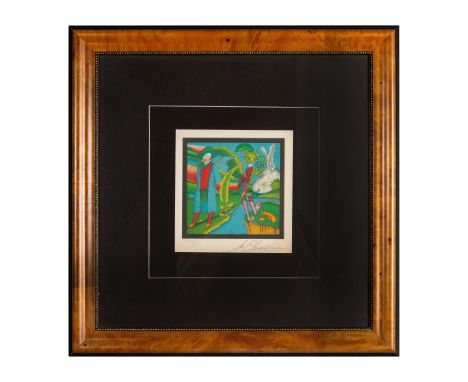 Colorful lithograph depicting a surrealist scene of a man in 18thc. style clothing with a long nosed green figure and a large