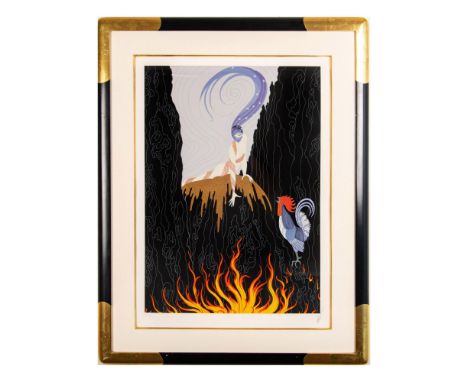 Splendid color serigraph on paper entitled The French Rooster by Neo-Art Deco artist Erte. It depicts a woman dressed with ro