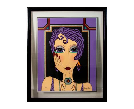 Purple Passion is a vibrant color silkscreen on paper by Contemporary artist Audrey Cohle that portrays a young woman with ri