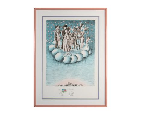 Color lithograph on wove paper by French illustrator Raymond Peynet entitled Tous Les Amoureux (All the Lovers.) It depicts a