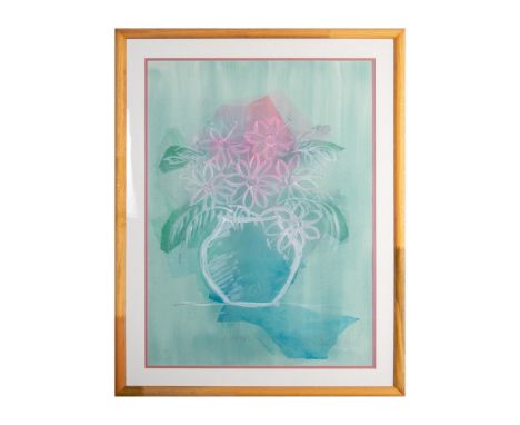 Title: Flowers 31. Abstracted vase of daisies with white outlines and a punch of pink over laid on a light turquoise blue was