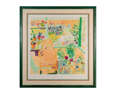 in Summer House, Andrew Stylianou has depicted an interior scene filled with flowers and plants near a rattan chair highlight