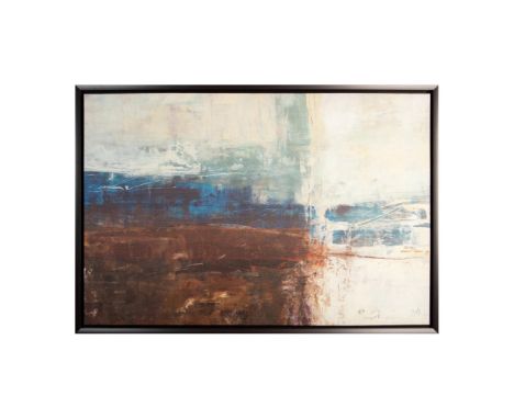 Decorative canvas print depicting an abstract work in colors of brown, blue and sea greens. Printed initial M in the lower ri