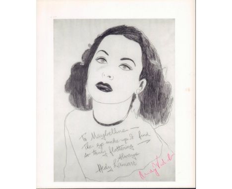 Hand signed single leaf book plate of actress and inventor Hedy Lamarr from the original 1950s' artwork by Pop artist Andy Wa