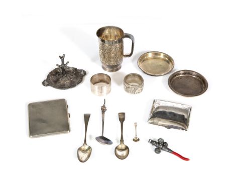 A COLLECTION OF SILVER AND WHITE METAL WARES to include two silver cigarette cases, one with engine turned decoration, a Birm