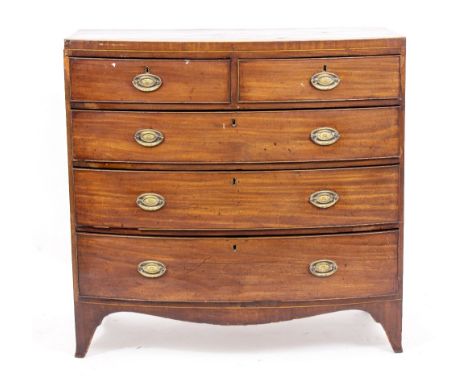 A 19TH CENTURY MAHOGANY CHEST OF TWO SHORT AND THREE LONG DRAWERS with brass handles, standing on splayed legs, 107cm x 54cm 