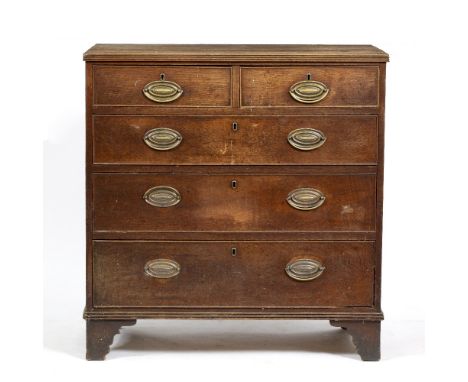 AN EARLY 20TH CENTURY OAK CHEST OF TWO SHORT AND THREE LONG DRAWERS with brass handles and standing on bracket feet, 93cm wid