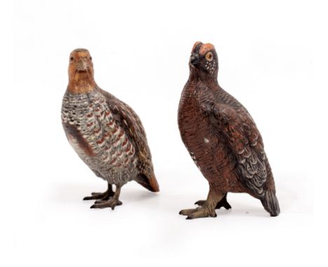 TWO LATE 20TH CENTURY COLD PAINTED BRONZE GROUSE each 13.5cm high (2)