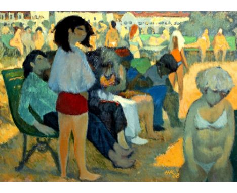 H*K* (CONTINENTAL SCHOOL) 'The Beach Goers', oil on canvas, initialled H.K. and dated lower right 69cm x 97cm 