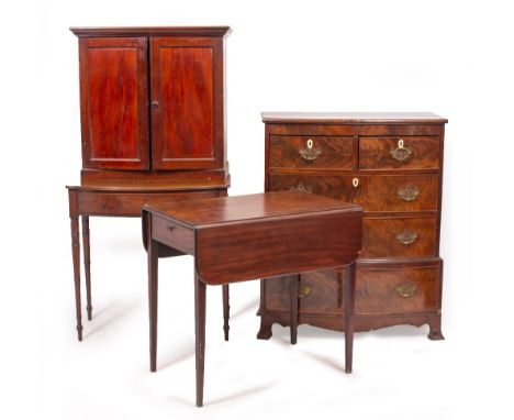 A BOW FRONTED CHEST OF TWO SHORT AND THREE LONG DRAWERS with splayed bracket feet, 85cm wide x 45cm deep x 106cm high; a Geor