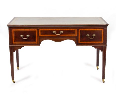 AN EDWARDIAN STYLE MAHOGANY AND SATINWOOD INLAY DESK with green leather inset top, three drawers and square tapering legs ter