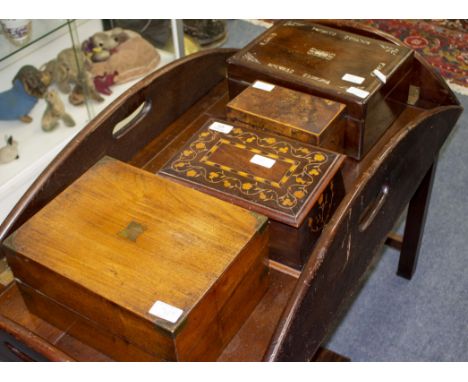 A 19TH CENTURY MAHOGANY AND SATINWOOD INLAID BOX 27cm wide x 18cm deep x 12cm high; two Victorian writing slopes; a burr wood
