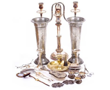 A COLLECTION OF PEWTER, EPNS AND WHITE METAL WARE to include a pair of tapered pewter vases, a twin branch candelabra, chambe