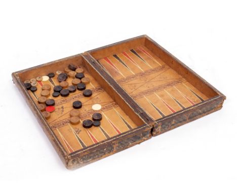 AN ANTIQUE LEATHER BOUND CHESS AND BACKGAMMON BOARD the box in the form of a History of England book, 37cm x 21cm