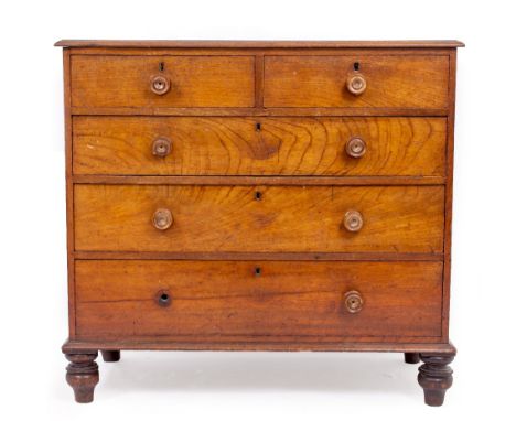 A VICTORIAN MAHOGANY CHEST OF TWO SHORT AND THREE LONG DRAWERS with turned bun feet, 110cm wide x 55cm deep x 103cm high