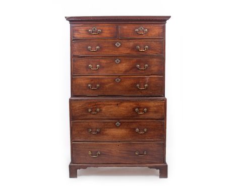 A 19TH CENTURY MAHOGANY CHEST ON CHEST OR TALLBOY with two short over six long drawers and standing on bracket feet, 112cm x 