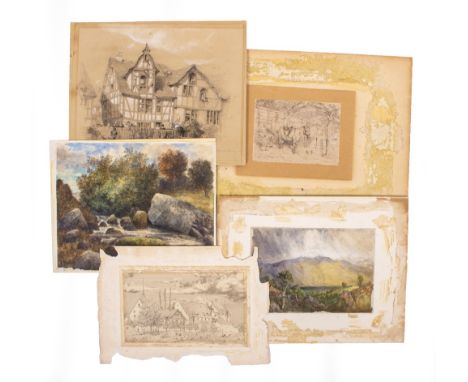 A COLLECTION OF WATERCOLOURS AND GRAPHITE AND CHALK SKETCHES to include indistinctly signed landscape J.Lowth***, an etching 
